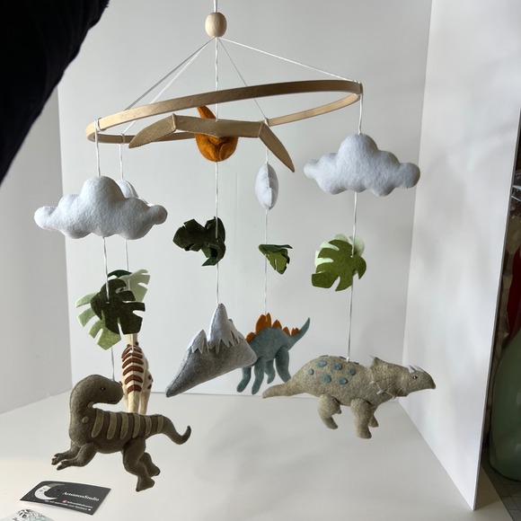 Dinosaur Baby Mobile for Nursery Handmade Felt Dinosaurs Mountain Clouds Leaves